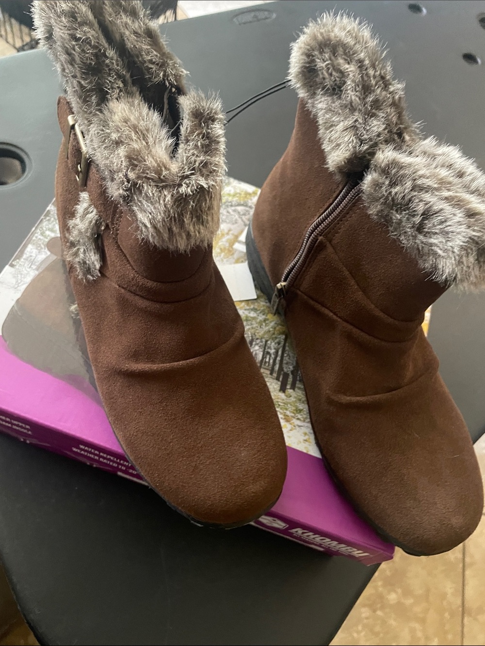 Khombu Brown Faux-Suede Ankle Booties with Faux-Fur Cuff